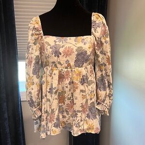 Storia Floral Square Neck Blouse - Purple, Yellow, Cream